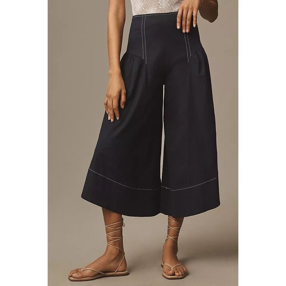 By Anthropologie Linen Extended Waist Wide Leg Pants NAVY 10